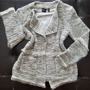 ❗Metallic Fringe Tweed Textured Knit Gold White Open Front Sweater Cardigan S❗